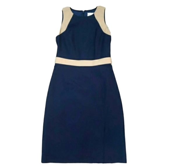 J. Crew~Woman Size 0~Navy Blue/Beige 100% Wool Sheath Lined Dress Sleeveless. - Picture 3 of 9